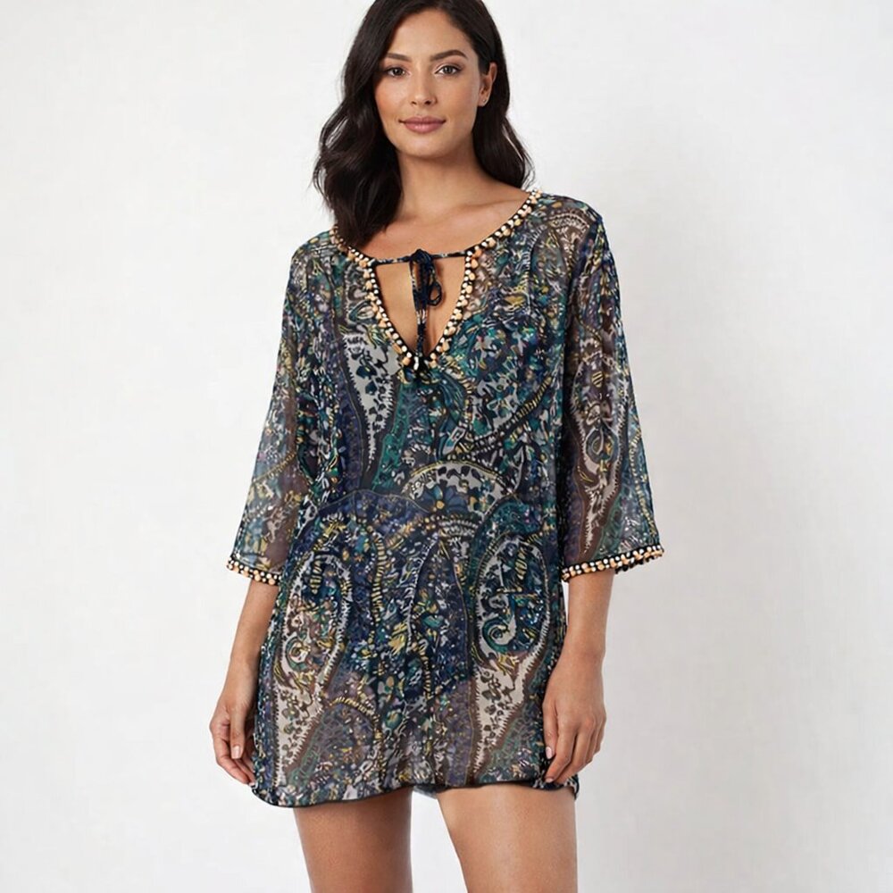 Bright Emerald Paisley 3/4 Slv Silk V-neck Tunic Beach Beaded Boho Party Sheer